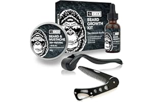 uLab Ultimate Gorilla Beard Growth Kit with Derma Roller, Beard Oil, Beard Balm and Foldable Styling Comb - Gift Set for Men For Beard Growth, Styling and Care - Contains Microneedle Titanium Roller
