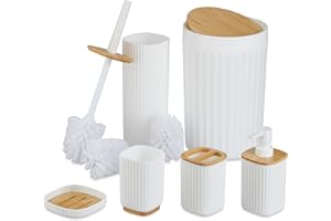 Relaxdays Set Accesorios Baño, Juego Completo Utensilios 6 Piezas, Conjunto WC, Plástico y Bambú, Blanco y Natural