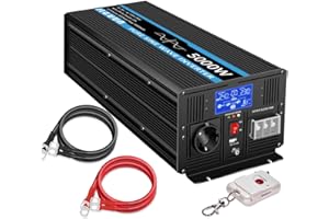 JIGUUN 5000W Inversor 24V 220V Onda Pura Inverter con Cargador 20A y Circuito Prioritario de Red y SAI，1 Tomas EU,Terminal de CA, Mando a Distancia Inalámbrico y Pantalla LCD Potencia Pico 10000W