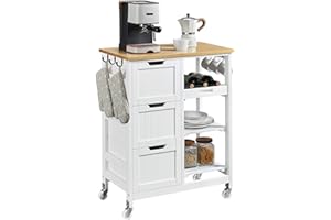 Yaheetech Kitchen Storage Trolley on Wheels, Rolling Kitchen Island Cart with 3 Drawers and 3 Shelves, Mobile Storage Sevring Trolley Cart for Dining Room, Bathroom, Laundry, Living Room, White