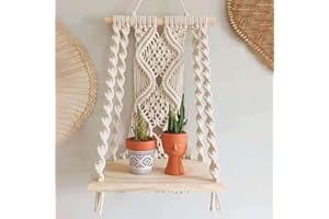 GIMOCOOL Tapiz de pared de macramé, estantería tejida a mano, cortina de puerta bohemia con estante de madera, decoración para el hogar para bodas, 30 x 50 cm