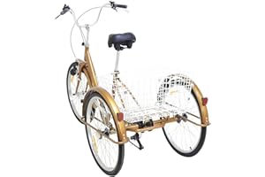 KumuJ Rower trójkołowy dla dorosłych, 24", 6 biegów, rower miejski z koszem na zakupy, tapicerka rowerowa, oparcie siodełka, 3 koła, rower miejski, do aktywności na świeżym powietrzu