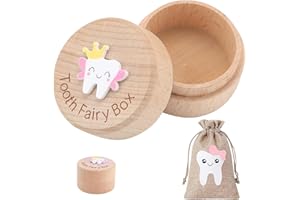 PSFYRN Wooden Tooth Fairy Storage Box with Bag for Lost Teeth - 3D Carved Personalized First Keepsake for Kids (Girl)