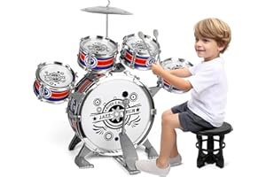 ORVYNA Kit de Batterie pour Enfants, Batterie Jazz Set 5 Tambour avec Tabouret, Percussion Musique Tambour Jazz Drum Set Cadeau Anniversaire Enfant Noël pour Les Enfants à Partir de 3 4 5 6 Ans