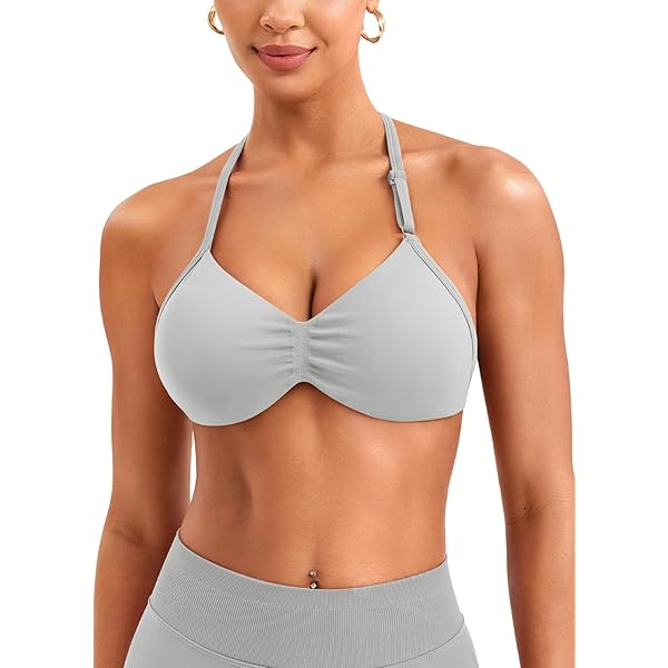 ZAAYO Halterbeha voor dames, zonder beugel, naadloos, diepe V-hals, push-up beha, gevoerde impact, gym, yoga, tops met verstelbare schouderriem, feather, M