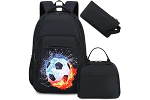 LEDAOU Plecak szkolny, dla chłopców, nastolatków, dzieci, młodzieży, dziewcząt, dziewcząt, plecak rekreacyjny, Piłka nożna, czarna, Plecak