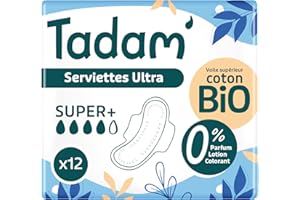 TADAM' - Serviettes Dermo-Sensitives Ultra fine avec ailettes - Flux Super + - Coton Bio - Extra Absorbant - Sans substances toxiques - x12