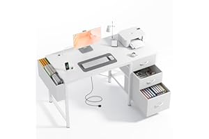 ‎CLAIKS Claiks Kleiner Schreibtisch mit 3 Schubladen aus Stoff, 120x60 cm Computertisch mit 2 Steckdosen und USB-Anschlüssen, PC-Schreibtisch Bürotisch für Home Office,Weiß
