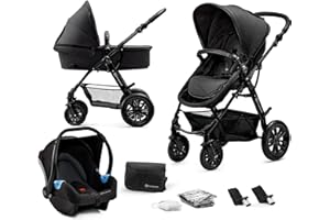 Kinderkraft Pram 3 in 1 Set MOOV, Travel System, Baby Pushchair, Buggy, Foldable, with Infant Car Seat, Accessories, Rain Cover, Footmuff, for Newborn, from Birth to 3 Years, Black