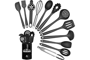 Terlulu Küchenhelfer Set, 13-teiliges Silikon Kochutensilien Kochbesteck Set, Hitzebeständiger Kochgeschirr mit Utensilienhalter, Antihaft Kochset Küchenutensilien, Spülmaschinenfest - Schwarz