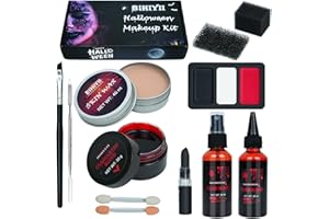 BIHIYII Halloween Makeup Kit, SFX Makeup Kits, Fake Blood Spray Dripping Coagulated Blood, Scar Wax, Face Paint Set with Scraper Sponges Brush Lipstick for Halloween Vampire Zombie Cosplay