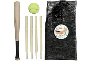 Quickdraw Rounders Bat and Ball 6 Piece Wooden Set with Stumps in Mesh Carry Bag