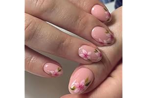 AGASAR 24pcs Short Oval False Nails Pink Stick on Nails Flower Pattern Press on Nails Removable Glue-on Nails Fake Nails Women Girls Nail Art Accessories