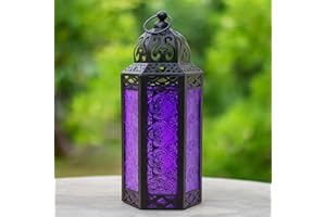 VELA LANTERNS Moroccan Candle Lantern Decorative Candle Holder Lamp for Indoor Outdoor, Ramadan, Home Decor, Patio, Weddings, Black Metal, Purple Glass, Medium Lantern