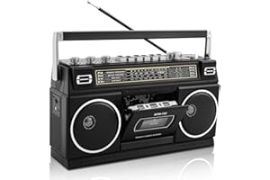 WISCENT Boombox Rétro Années 80 avec Bluetooth et Lecteur Cassette | Radio AM/FM/SW1/SW2, Son Graves Puissants 24W, Support USB/Micro SD, Portable pour Intérieur et Extérieur
