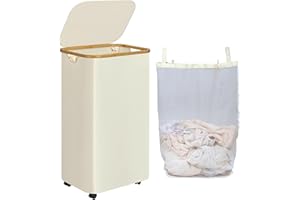 iEGrow 110L laundry Basket with Lid, Large Washing Basket with with Wheels and Bamboo Handle, Laundry Hamper with Removable and Washable Inner Bag for Laundry Room Bedroom Bathroom (Beige)