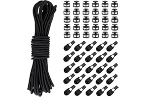 PXBSNB Elastyczny sznurek gumowy 3 mm x 20 m, gumowa linka okrągła z 30 zaciskami sznurkowymi i 30 stoperami do sznurków, 2 otwory, czarny sznurek gumowy 3 mm, gumowa linka do sznurka, plecaka