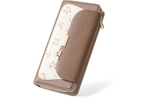 RRANCharltu Portafoglio Donna Grande in Pelle PU, Portamonete Donna con Protezione RFID Portafogli con Tasche a Cerniera e Slot per Carte Pendente Foglia,Marrone