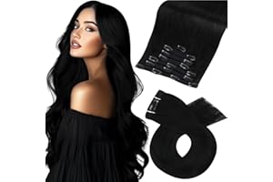 Moresoo Extensiones de Clip de Pelo con PU Clips 50cm 7pcs 120g Extensiones Pelo Natural Negro Extensiones Clip Lisas Cabello Humano(20inch,#1B)