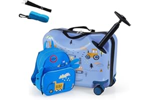 DREAMADE Valise Roulette Enfant 18" et Sac à Dos 12" avec Bandoulière Réglable Bagage Cabine Enfant 3+Ans avec Roues Pivotante 360° Bagage à Main Fille et Garçon Charge 50KG+8KG (Voiture Bleu)