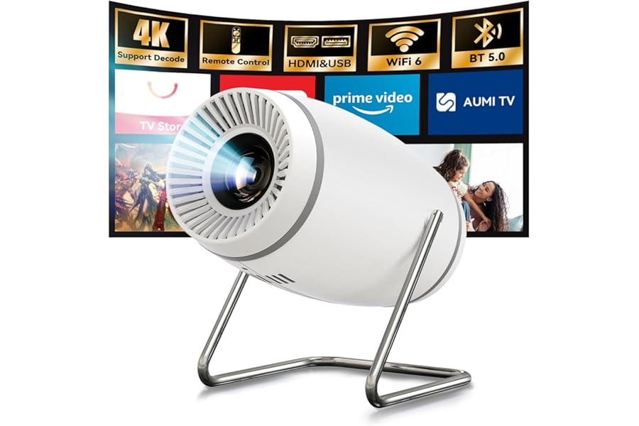 Mini Projector with WiFi 6 and Bluetooth 5.0, Portable Smart Projector 4K 1080P Supported, Auto Keystone Video Projector for Bedroom Home Outdoors (White)