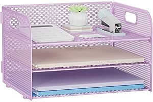 Restorgan 3 Tier Paper Organiser with Handle, Mesh Desk Organiser Letter Tray, Paper Tray Organizer File Organiser for A4 File Folder, Purple