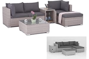 ‎ENJOY FIT Enjoy Fit Rattan Polyrattan Lounge Sitzgruppe Garnitur Gartenmöbel aus 3 Sitzer Sofa, Hocker, Tisch mit Stauraum und Abstelltisch mit Glassplatte