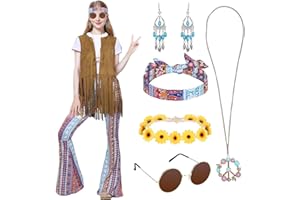 Antsparty Deguisement hippie femme, Costumes Hippie Tenues pour Femme Kit Accessoire Gilet à Franges Sans Manches, Deguisement Hippie Femme Annee 70 Disco pour Carnaval Halloween