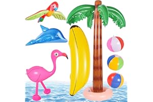 CUVZORA Lot de 8 jouets gonflables palmiers - Flamant rose, perroquet, dauphin, banane, balles de plage, décoration hawaïenne, pour fête Luau, fête d'été, jardin et piscine
