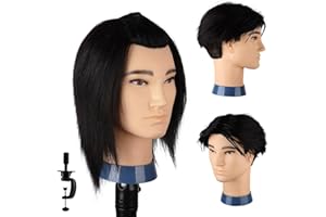 DaizySight Cabeza Maniqui Peluqueria Hombre Pelo Natural 100%, Uomo Práctica Cabeza Peluquero de Entrenamiento Maniquí para Estudio Profesional en la Cosmetología con Soporte （Negro, 35cm)