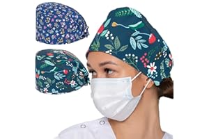 GNHG 2 Stück OP Haube Verstellbar Arzt Krankenschwester Mütze Baumwolldruck Kochmütze Arbeitskappe Schwesternkappe Schnürschnürung Unisex Staubhauben Kappe