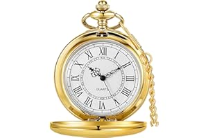 Tiong Classic Smooth Steel Quartz Pocket Watch with Chain Roman Numerals Men Women Pocket Watches Pendant Fathers Day Birthday Gift