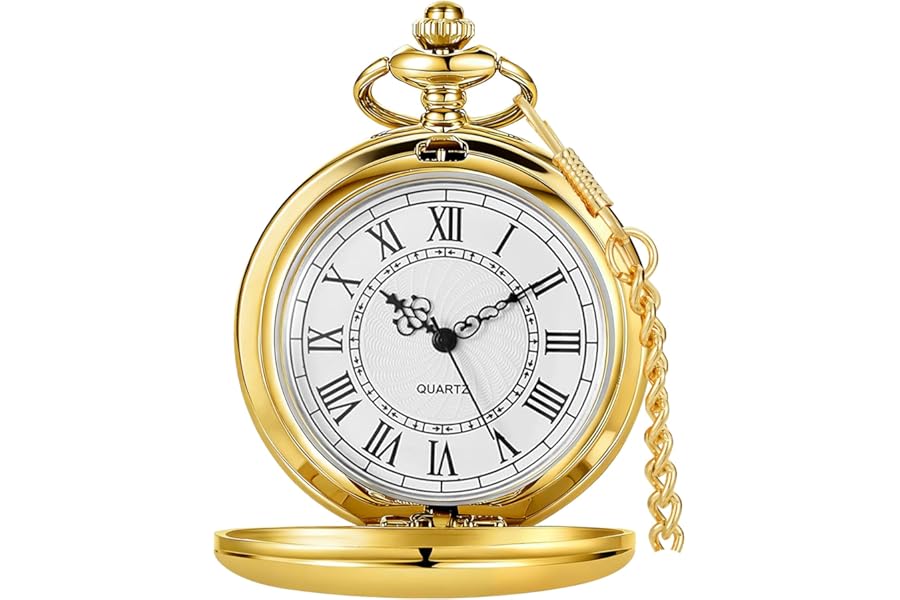 Tiong Classic Smooth Steel Quartz Pocket Watch with Chain Roman Numerals Men Women Pocket Watches Pendant Fathers Day Birthday Gift