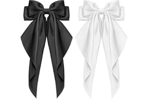 COOLON Hair Bow Clip, 2Pcs Hair Bows for Women, Big Bow Hair Clips with Long Silky Satin, Bowknot Hairpin French Hair Clips with Ribbon Hair Barrette Clips for Women Girls (Black+White)
