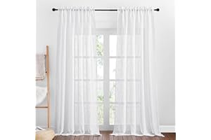 PONY DANCE Nowoczesne zasłony woalowe o wyglądzie lnu, półprzezroczyste, z tunelem na drążek, do salonu, na drzwi balkonowe, 2 sztuki w zestawie, 240 x 132 cm (dł. na szer.), białe