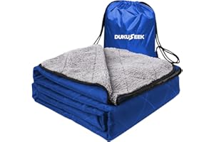 DUKUSEEK Hooded Stadium Blanket, Sherpa Waterproof & Windproof Camping Blanket for Cold Weather, Camping Stadium, Beaches, Picnics, Dogs, Car (Blue)