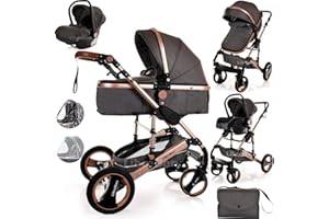 BAYOBAY Baby Stroller Pram Pushchair Buggy Lightweight Folding Strollers 3 in1 Travel System Baby Trolley Baby Pram for Newborns Toddlers 0-36 Months from Birth… (Grey - Rose Gold Frame)