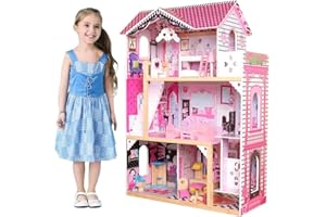 BAKAJI Casa delle Bambole Giocattolo per Bambini Realizzata Interamente in Legno 3 Piani 4 Stanze Curata in Ogni Dettaglio con Mobili e Accessori Gioco - 88 x 33 x H118 cm