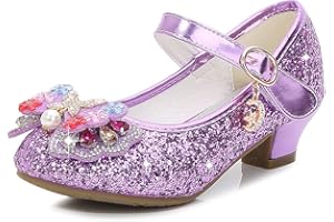 BININBOX Girls High Heels Glitter Sequins Children's Bow Princess Low-Top Student Performance Shoes
