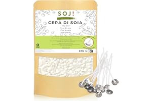 Soj - Cera di soia per candele 100% naturale non OGM, 1 KG Guida E-BOOK + 15 stoppini! Per la realizzazione di candele in contenitori, cera per candele, cera di soia per candele fai da te - 1 KG