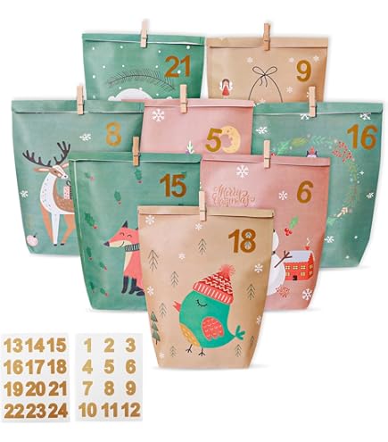 Kit DIY Noël WECUTE Calendrier De L'Avent à Remplir - 24 Sachets Papier Kraft - DIY Noël Adultes Et Enfants Sachets Papier Remplir Soi-même Noël