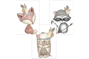 Olgs Kinderzimmer 3er Bilder Set | Deko Poster | Mädchen Junge Wandposter DIN A4 | Wanddeko für Babyzimmer Dekoration | Wandbilder Tiere Fuchs Waschbär Bär Waldtiere Boho