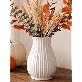 NUPTIO White Vase for Fall Decor: 16cm Tall Ceramic Ribbed Centrepiece | Waterproof, Farmhouse/Boho/Modern Vases for Pampas G