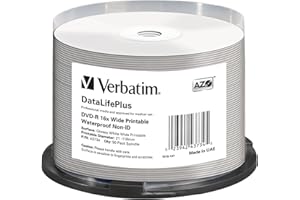 Verbatim DVD-R 16x Wide Printable Waterproof 4.7GB, DataLifePlus, 50er Pack Spindel, DVD Rohlinge bedruckbar, 16-fache Brenngeschwindigkeit wasserfest, DVD-R printable, DVD leer