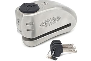 Artago 32 Bloc Disque Moto avec ou sans Alarme 120dB Haut de Gamme + Avertissement Don't Touch, Fermeture Triple Exclusive SAA, Sécurité Anti-Perçage 5mm, Homologué SRA, Antivol Bloque Disque Moto