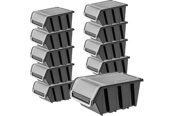 KADAX Lot de 10 boîtes de rangement empilables avec couvercle, en plastique PP, dans différentes tailles et couleurs, avec rabat pour mur d'outils (noir, 195 x 120 mm) K6539