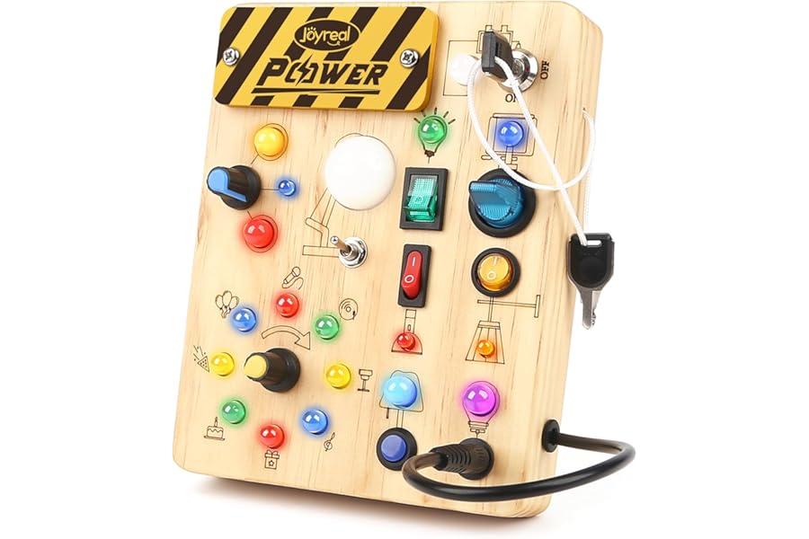 Joyreal Montessori Busy Board 2 Year Old, Wooden Fidget Sensory Toy for Toddlers, Activity Board with 19 LED Lights, Educational Travel Toy for Boys Girls 2 3 4 Year Old