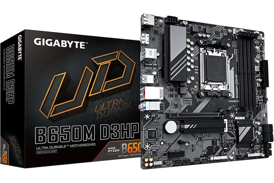 Amazon listing image: GIGABYTE B650M D3HP (AM5/ LGA 1718/ AMD/ B650/ Micro ATX/ 5-Year Warranty/ DDR5/ 2X PCIe…