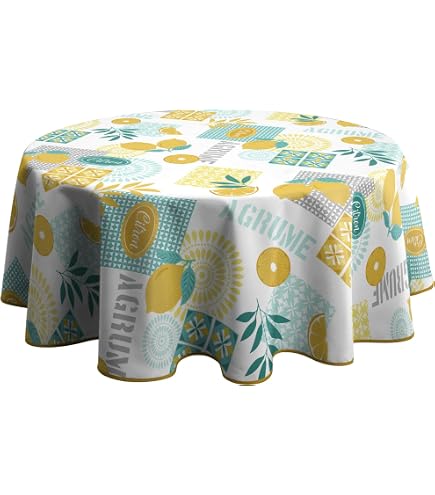 Le Linge De Jules Nappe Anti-Taches Bloom Ronde 160 Cm - Bleu Beige, Facile D'Entretien Et Élégante