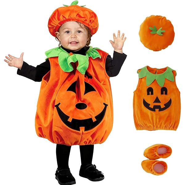 Costume Da Zucca Per Bambini Halloween, Completo Di Fasce, Borsetta E Bastoncino, In Poliestere Traspirante